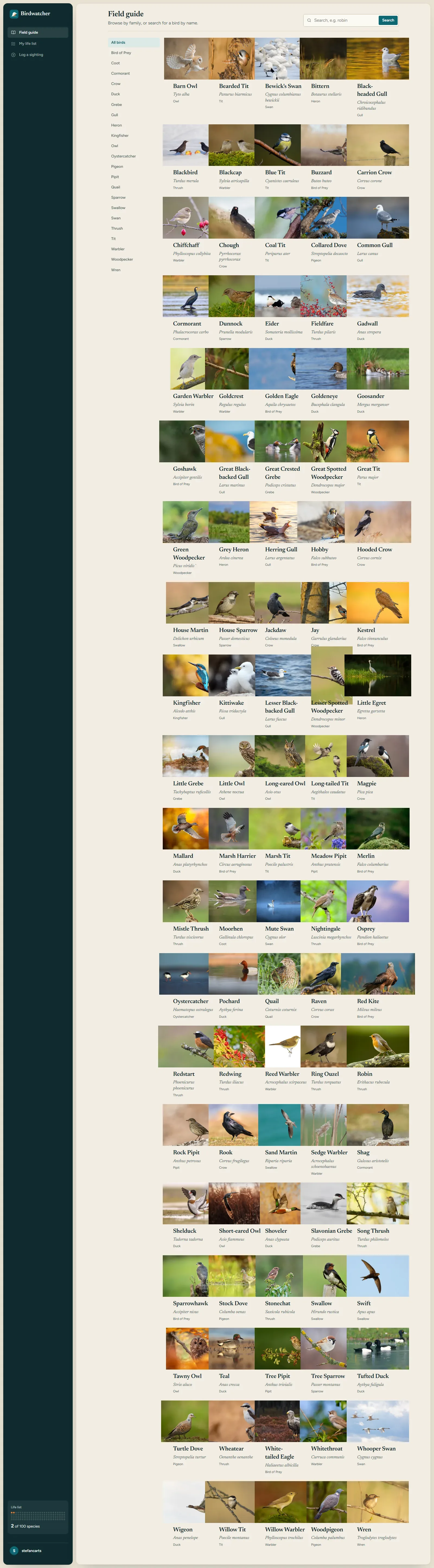 The full field guide from top to bottom: a family filter down the left and a grid of 100 species cards, each with a photograph, common name, scientific name and family