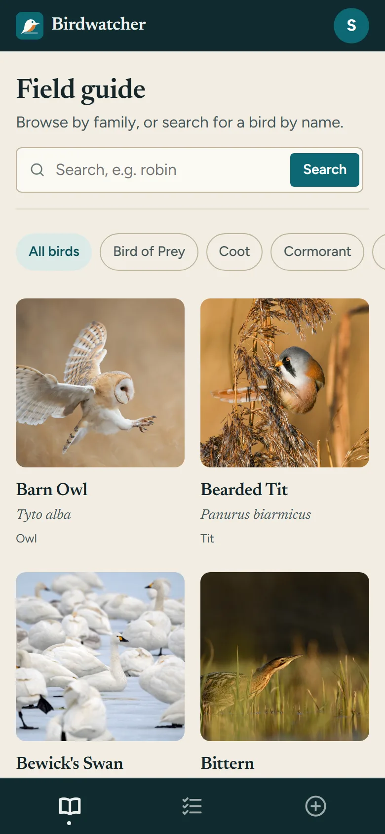 Mobile field guide with a search box, horizontally scrolling family chips and a two-column grid of bird cards, above a bottom tab bar