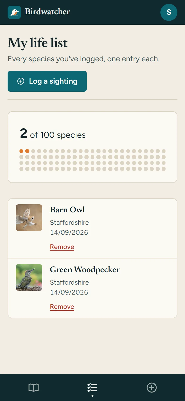 Mobile life list showing 2 of 100 species as dots, with Barn Owl and Green Woodpecker entries stacked below, each with county, date and a Remove link