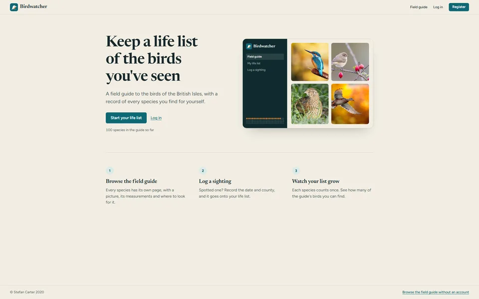 Birdwatcher landing page with the headline &lsquo;Keep a life list of the birds you&rsquo;ve seen&rsquo; beside a preview of the app led by a kingfisher