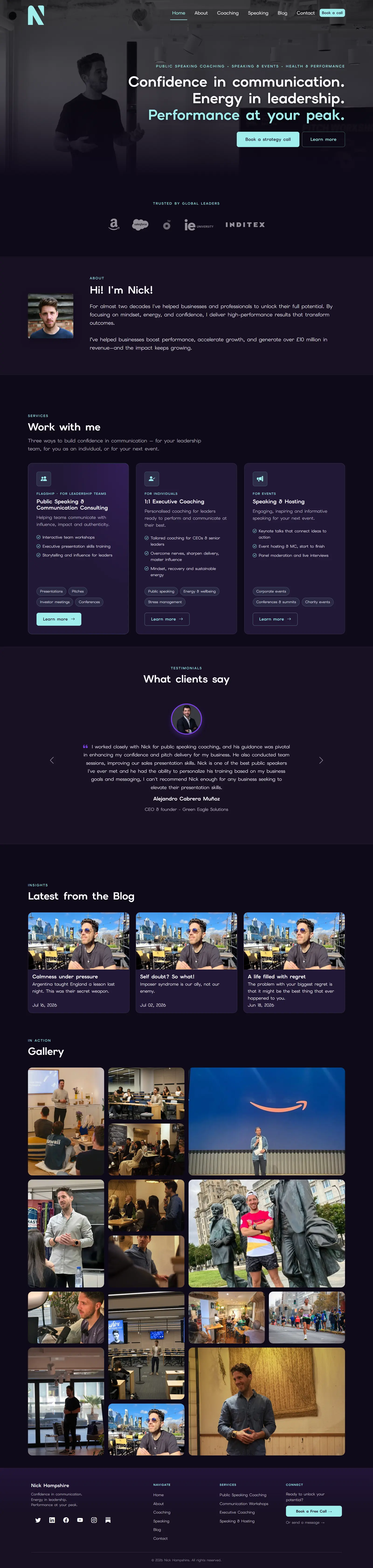 The full Nick Hampshire homepage from hero to footer: headline, a trusted-by logo wall now including Inditex, about section, three icon-led service cards, a single-quote testimonial carousel, blog posts and photo gallery
