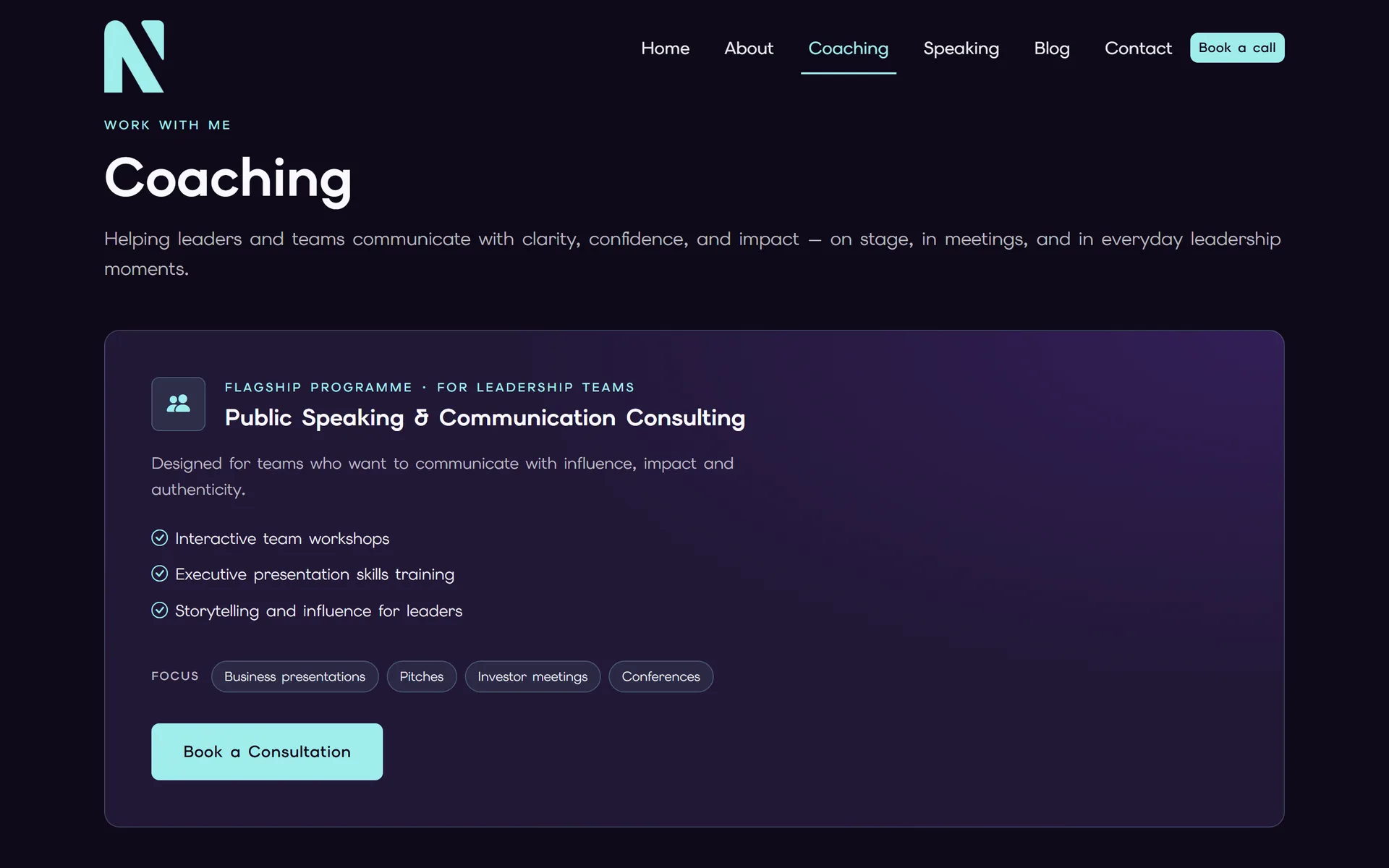 Coaching page with the tagline 'Helping leaders and teams communicate with clarity, confidence, and impact' above a Flagship Programme card listing focus-area tags and a solid teal Book a Consultation button