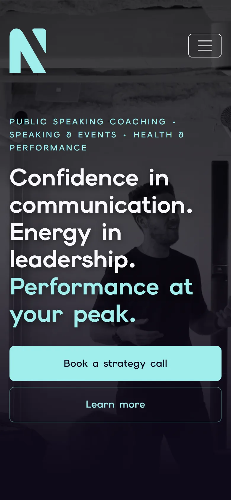 Mobile homepage hero with the three-line headline and stacked solid Book a strategy call and outlined Learn more buttons