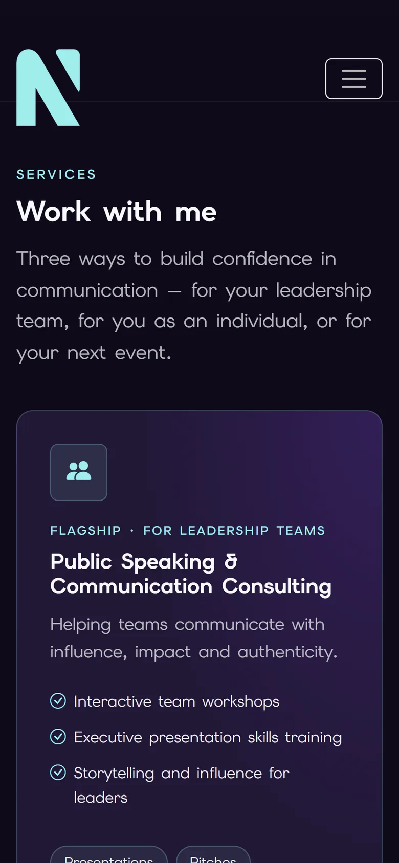 Mobile 'Work with me' section with the Flagship public speaking consulting card: an icon badge, checkmarked bullet points and focus-area tags