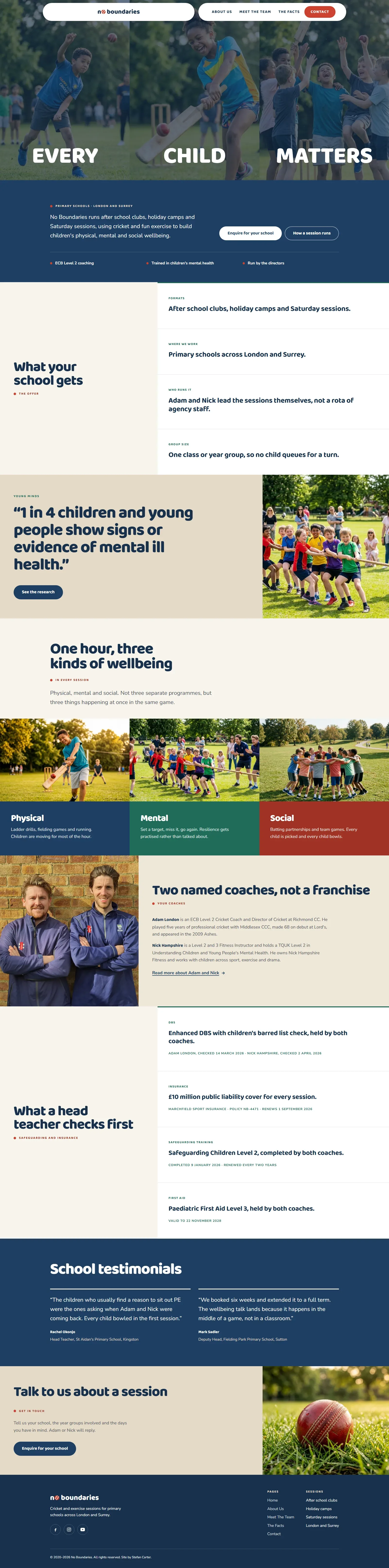 The full No Boundaries homepage from hero to footer: a three-photo hero wall, a navy credential strip, the offer section, a pull-quote statistic, the Physical, Mental and Social wellbeing pillars, coach bios for Adam and Nick, a vetting-checklist block, a testimonials band, and the closing enquiry CTA