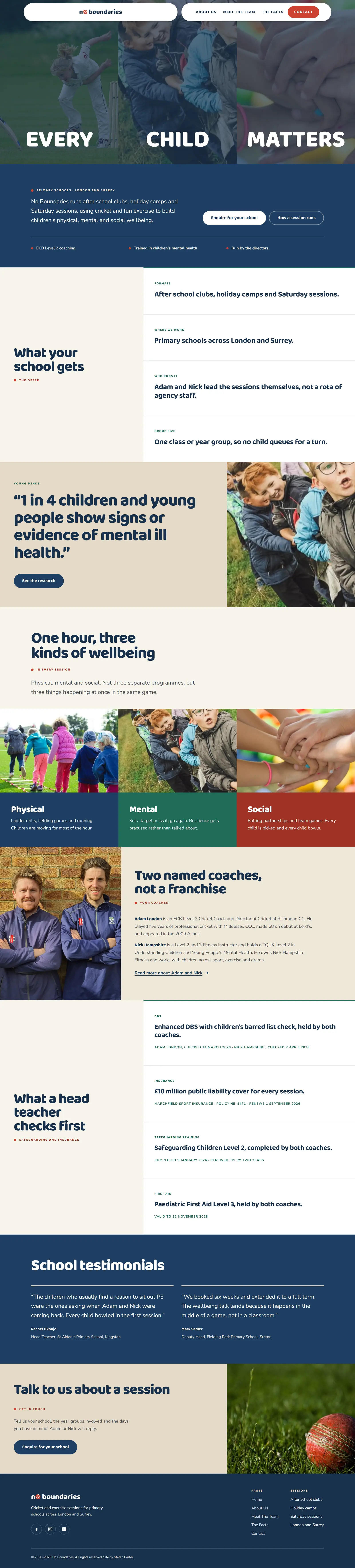 The full No Boundaries homepage from hero to footer: a three-photo hero wall, a navy credential strip, the offer section, a pull-quote statistic, the Physical, Mental and Social wellbeing pillars, coach bios for Adam and Nick, a vetting-checklist block, and a testimonials band