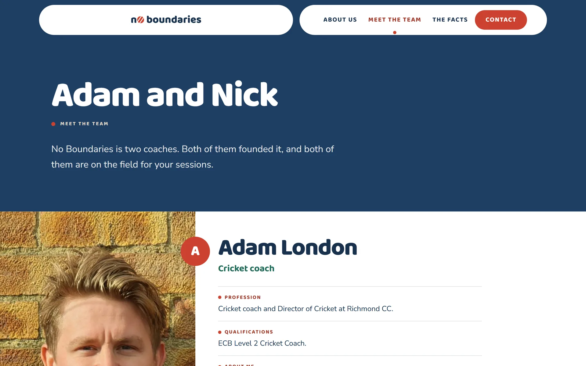 Meet The Team page headed 'Adam and Nick' with Adam London's coach profile: ECB Level 2 Cricket Coach and Director of Cricket at Richmond CC