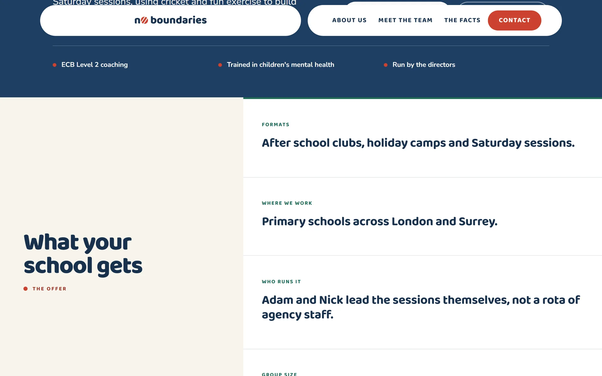 'What your school gets' section listing session formats, where the programme works, who runs it and group size as four plain facts, beside a navy credential strip reading ECB Level 2 coaching, Trained in children's mental health, Run by the directors
