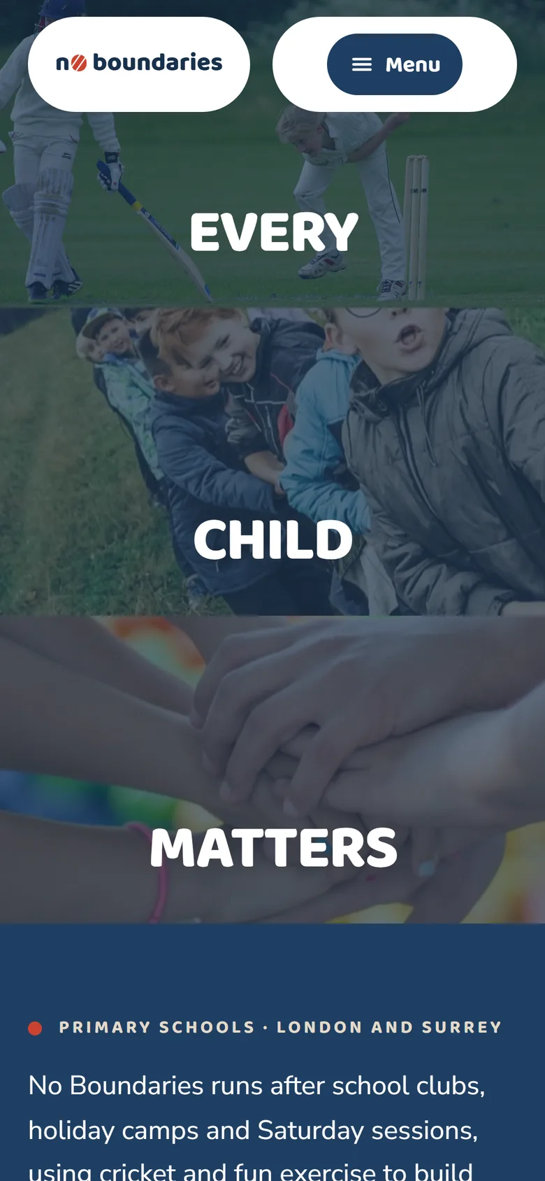 Mobile homepage hero with the stacked 'EVERY / CHILD / MATTERS' headline over three real session photographs, and a collapsed Menu capsule beside the wordmark