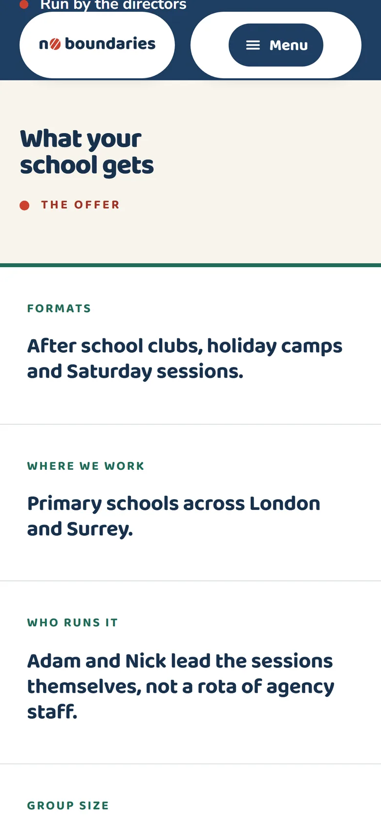Mobile 'What your school gets' section with formats, location and who-runs-it facts stacked as plain rows