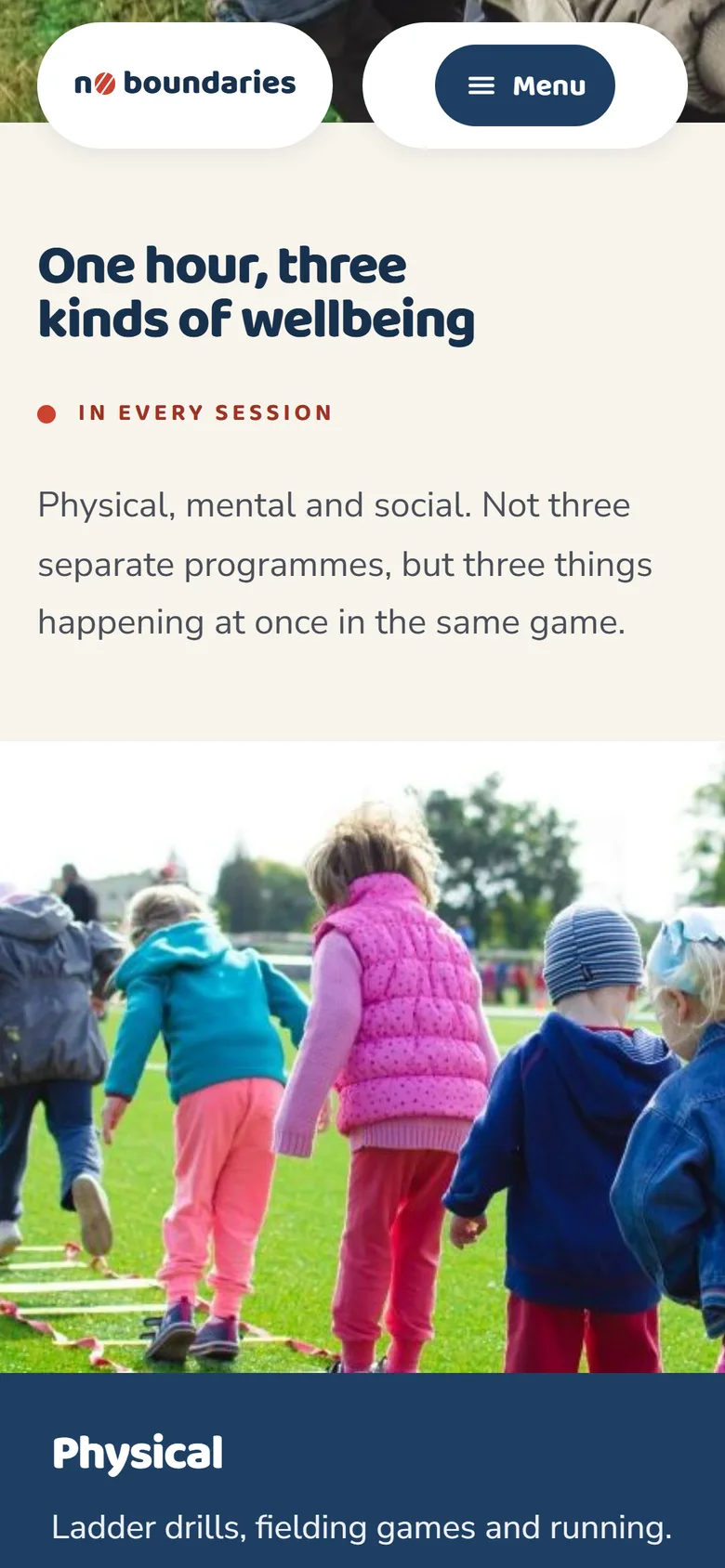 Mobile 'One hour, three kinds of wellbeing' section above a real session photograph and the navy Physical wellbeing block