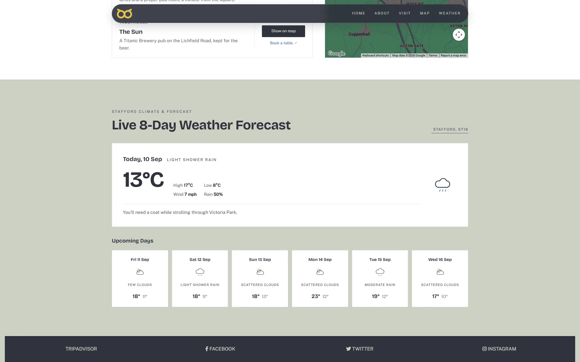 Live eight-day weather forecast for Stafford ST16: a large card showing today at 13 degrees with high, low, wind and rain figures and the line &lsquo;You&rsquo;ll need a coat while strolling through Victoria Park&rsquo;, above six smaller day cards