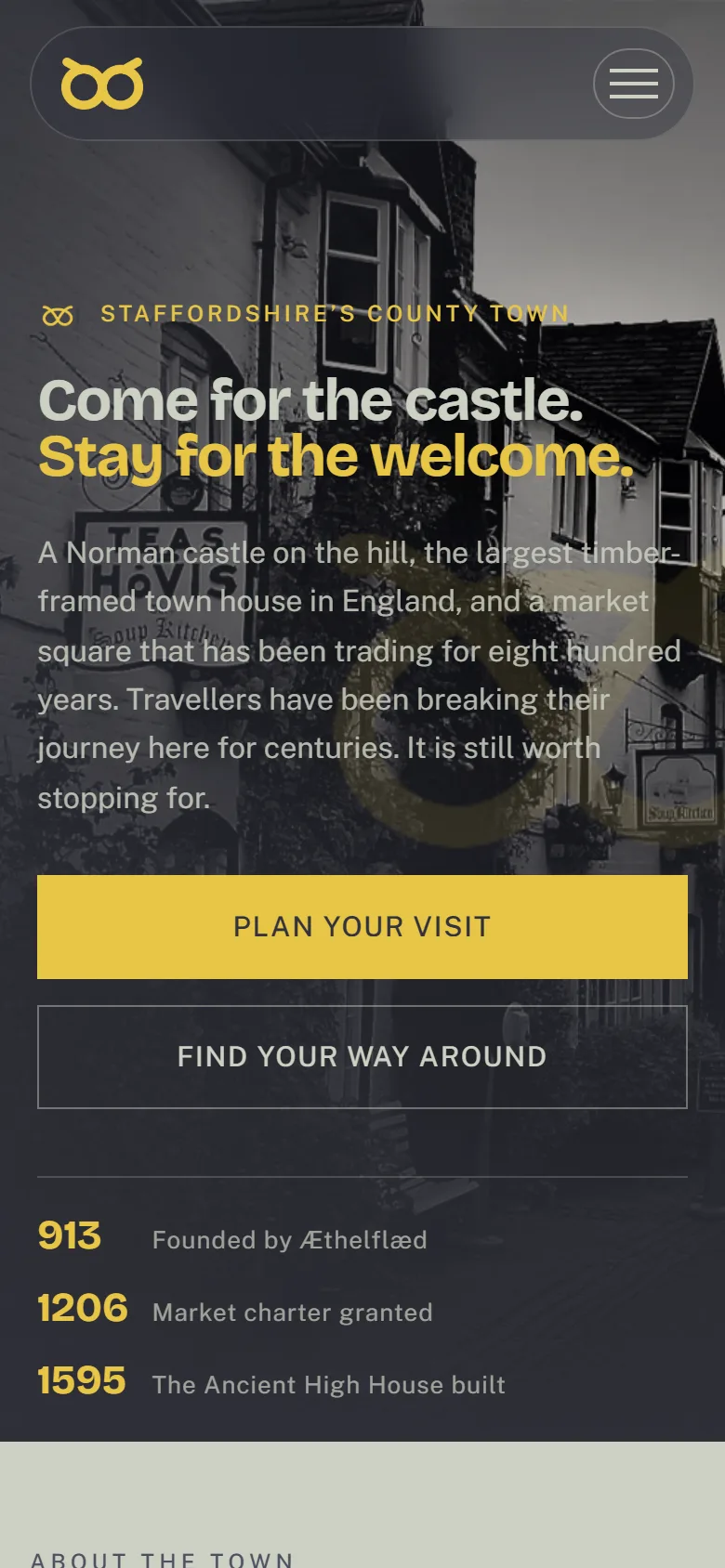 Mobile hero with the stacked &lsquo;Come for the castle. Stay for the welcome.&rsquo; headline over the Church Lane photograph, a full-width yellow &lsquo;Plan your visit&rsquo; button, and the three dates listed down the page