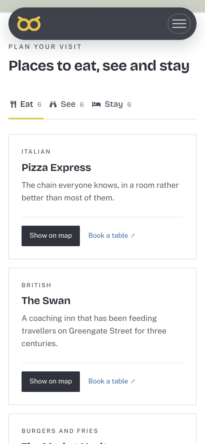 Mobile &lsquo;Places to eat, see and stay&rsquo; section with the Eat, See and Stay tabs above full-width cards for Pizza Express and The Swan, the map moved below the list