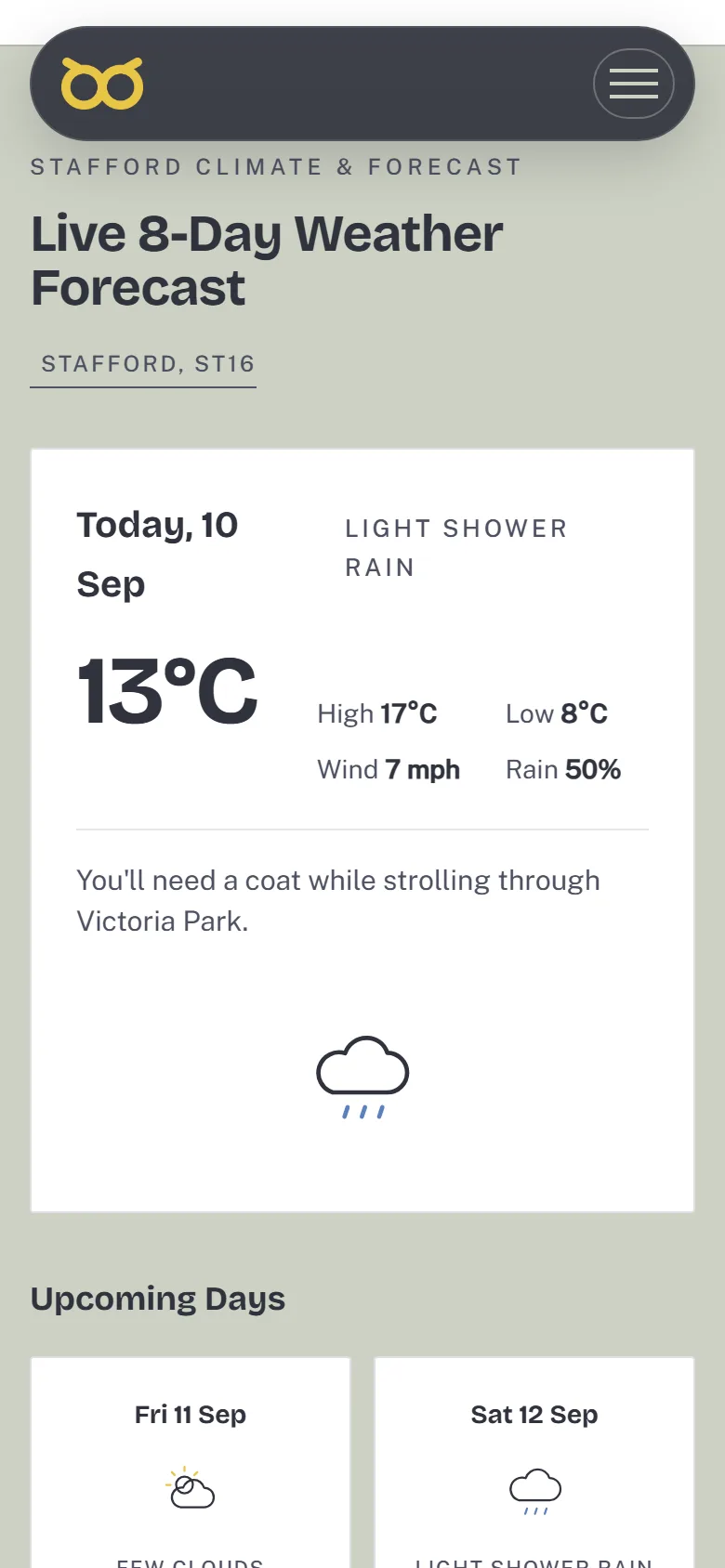 Mobile forecast with today&rsquo;s card at 13 degrees, its high, low, wind and rain figures, a rain icon, and the first two of the upcoming day cards below